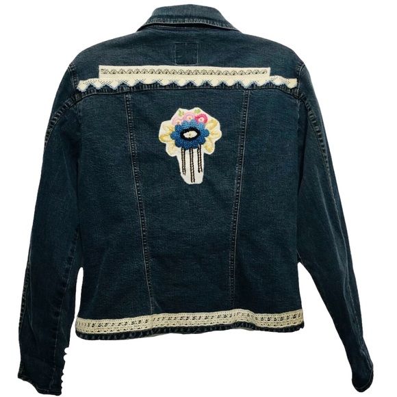 Vintage Upcycled Denim Jean Jacket Hand Embellished Lace Boho Western Large - Picture 3 of 11